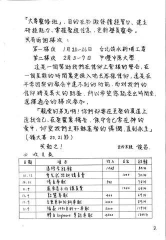 大專靈修班與收支表