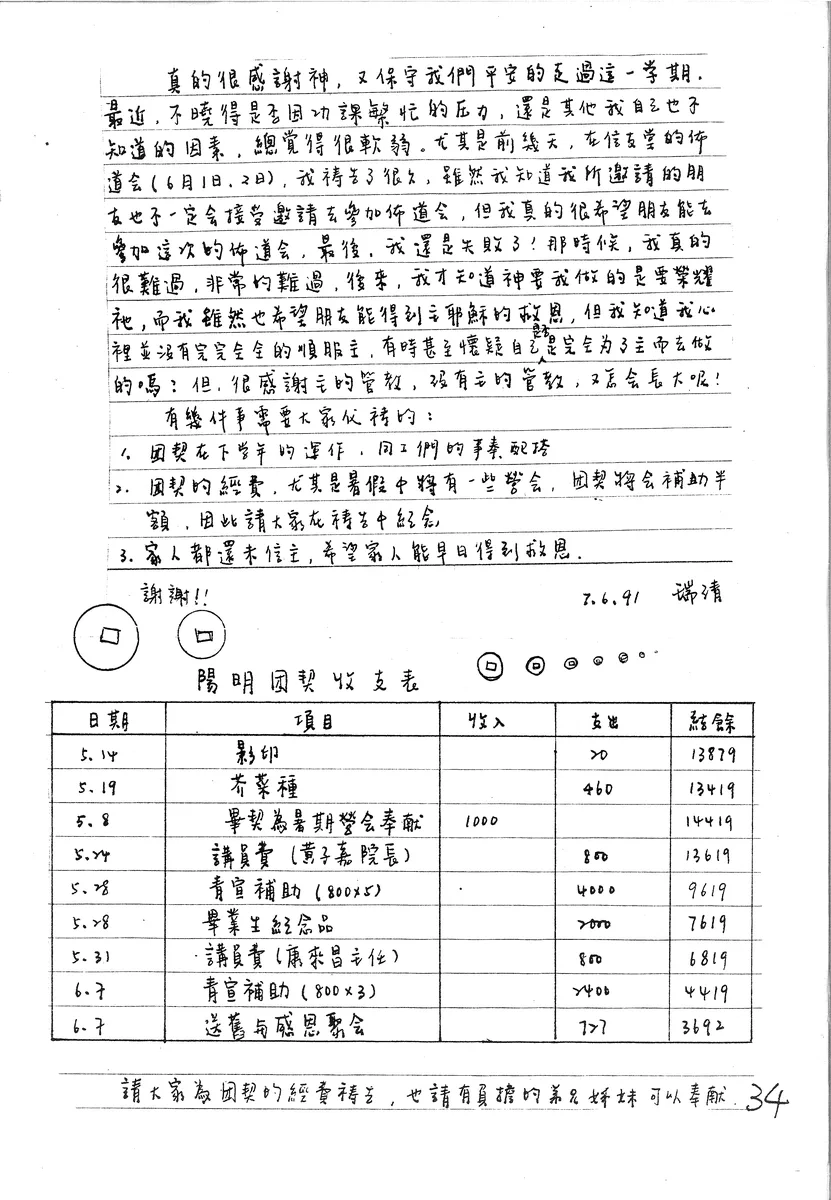 瑞清手稿與陽明團契收支表