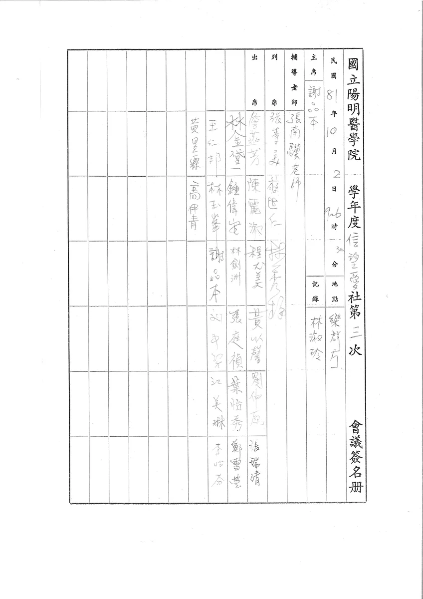 國立陽明醫學院 學年度信望愛社第三次會議簽名册