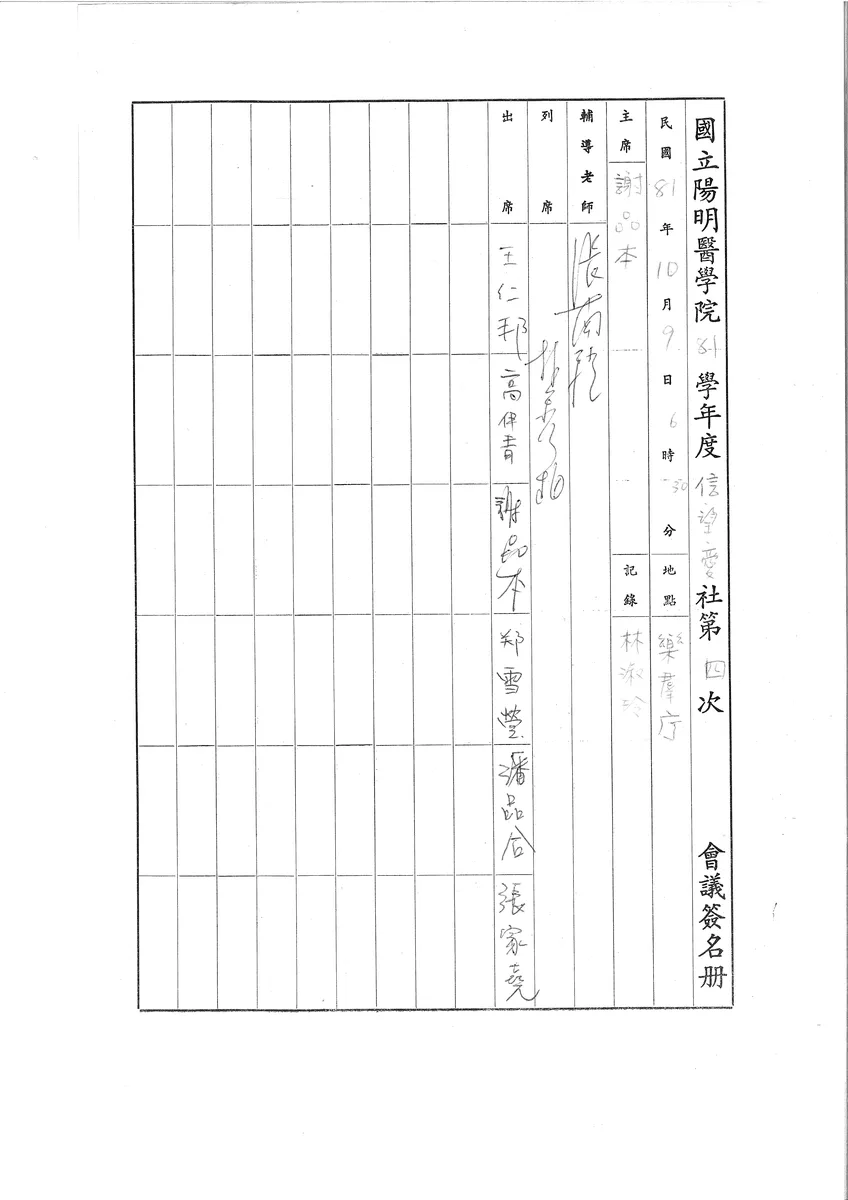 國立陽明醫學院 81 學年度 信望愛社 第四次 會議簽名册