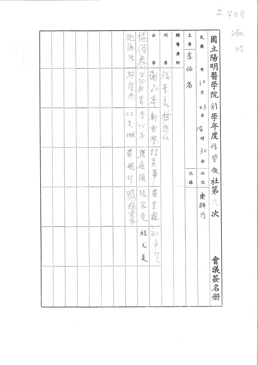 國立陽明醫學院 81 學年度信望愛社第六次會議簽名冊