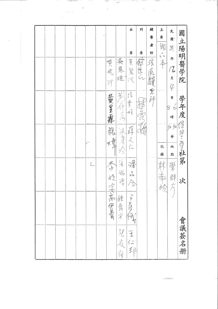國立陽明醫學院 學年度信望愛社第一次會議簽名册
