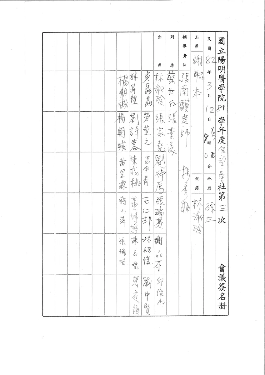 國立陽明醫學院 81學年度信望愛社第三次會議簽名册