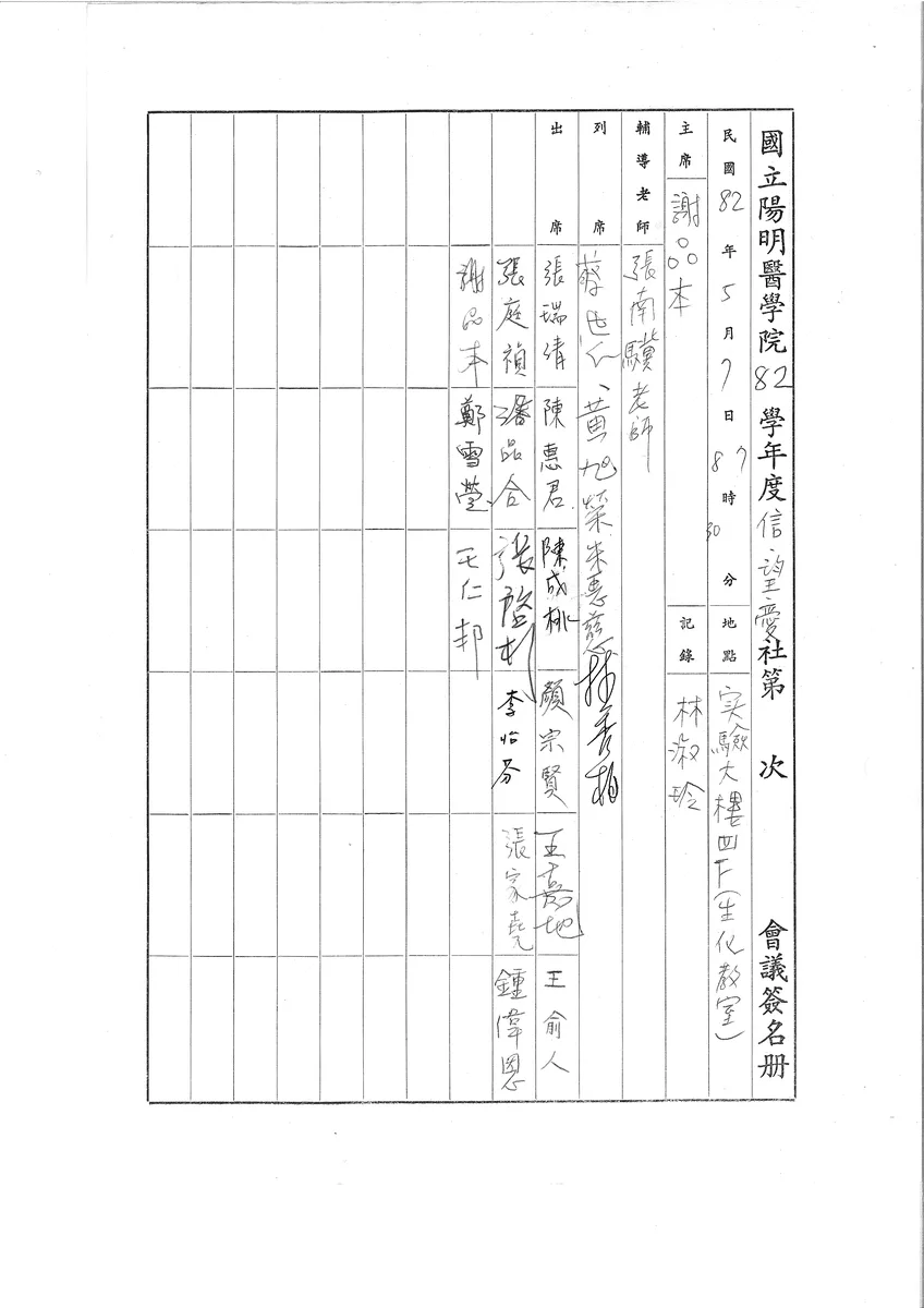 國立陽明醫學院 82 學年度信望愛社第 [?] 次 會議簽名册